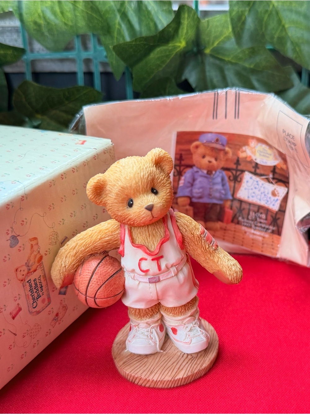 Cherished Teddies CT Bear Basketball Figurine in Light Brown, White and Pink